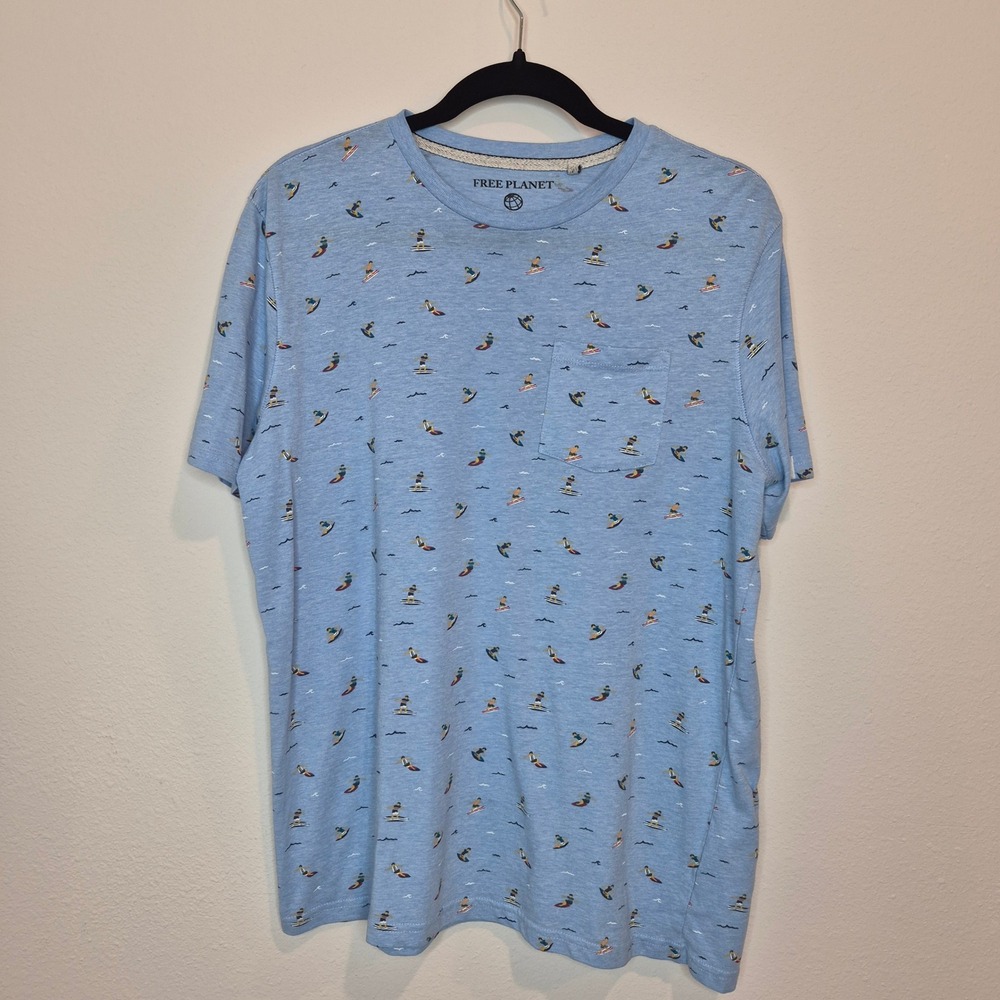 Free Planet Blue Surfer Beach T Shirt Pocket Tee Preppy Beach Normore Blue Sz L‎
